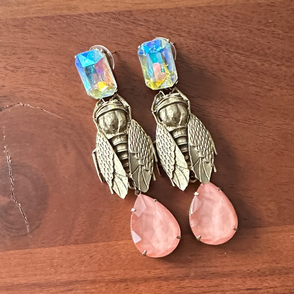 Loren Hope Gold and Pink Insect Drop Earrings